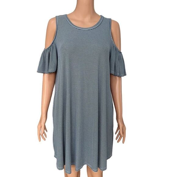 Altar’d State Blue White Striped Dress A Line Stretch Cold Shoulder size M - Picture 1 of 7